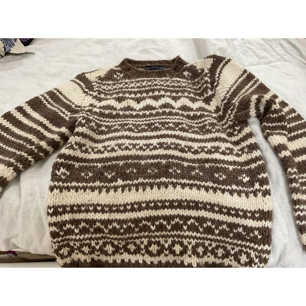 Tommy Hilfiger Mens Small Brown Cream Fair Isle Wool Alpaca Chunky Knit Sweater
